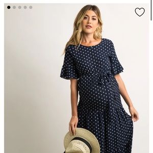 Navy Polka Dot Flounce Tiered Maxi maternity dress